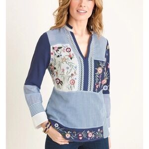 Chicos Women Boho Patchwork Embroidered Tunic Top Size 2 (M) Blue Long Sleeve